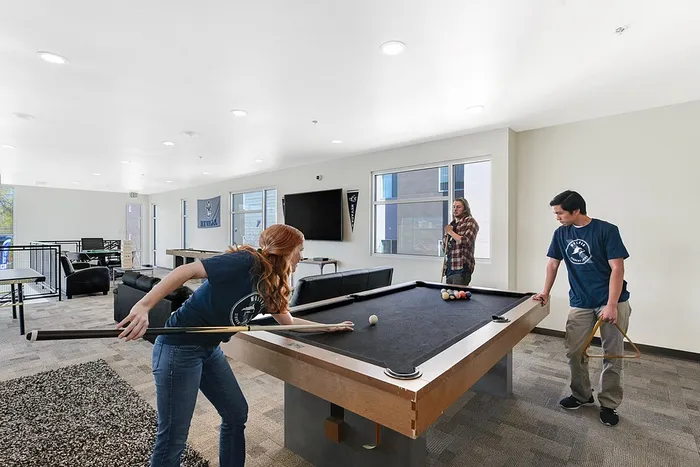 Vibrant community lounge featuring a stylish pool table, comfortable seating, and a modern entertainment setup.