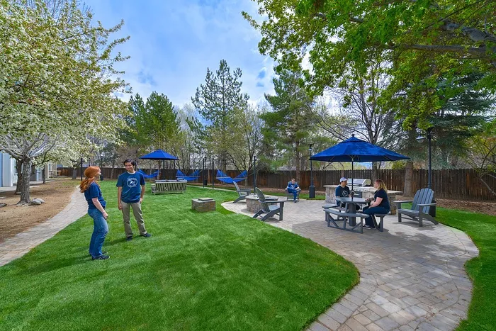 Inviting community courtyard featuring lush green lawns, blue umbrella-shaded seating areas, and relaxing hammocks under blossoming trees.