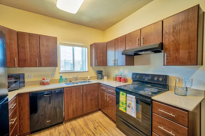 Modern kitchen with sleek wooden cabinets, stainless steel appliances, and ample counter space, featuring a bright window view.