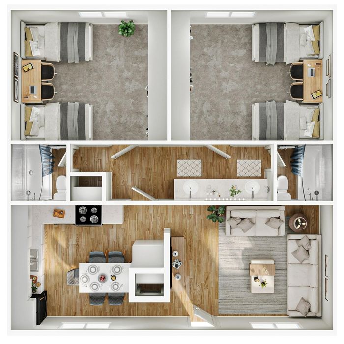 Sophisticated 2D floor plan with 2 bedrooms, open kitchen, dining area, and cozy living room.