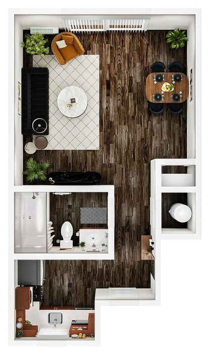 Elegant 3D floor plan showcasing an open-concept living room with stylish furniture, adjacent dining area, and modern kitchen, complemented by a chic bathroom.