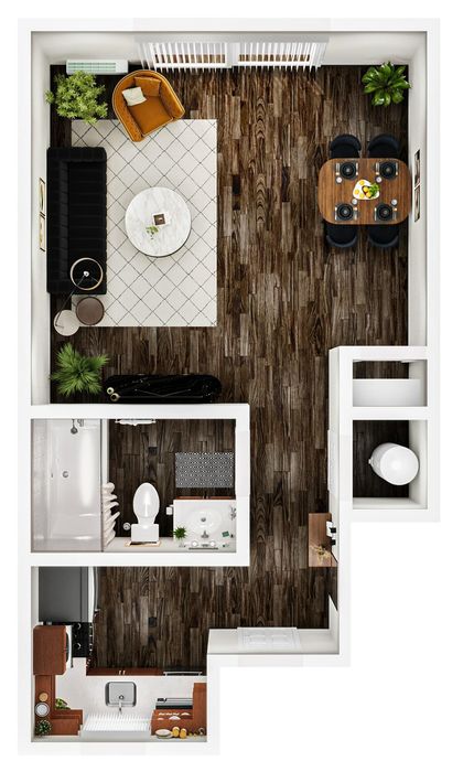 Contemporary open-plan apartment showcasing a cozy living area, elegant dining space, stylish kitchen, and modern bathroom with hardwood floors.