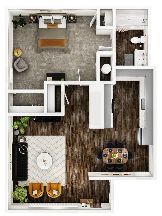 Chic 1-bedroom apartment floor plan with spacious living area, modern kitchen, and elegant bathroom, featuring stylish furniture and a cozy layout.