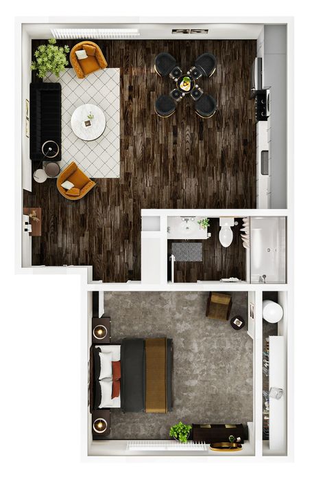 Modern 1-bedroom apartment floor plan with an inviting open-concept living and dining area, stylish kitchen, and elegant bathroom.