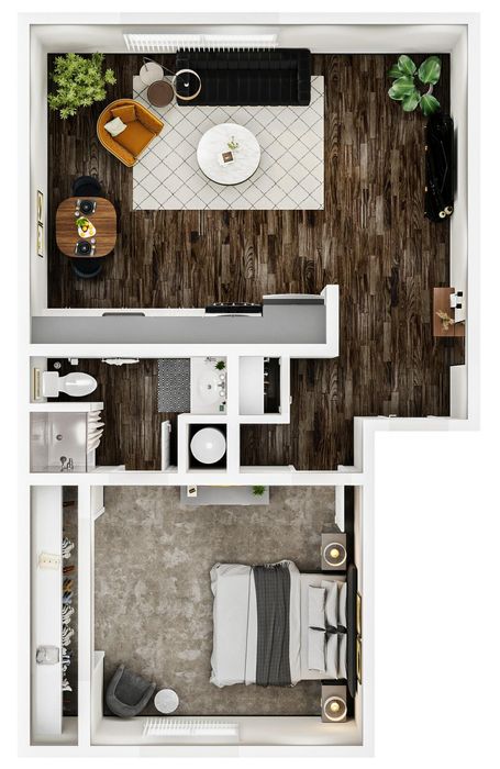 Chic floor plan showcasing a cozy 1-bedroom apartment with a stylish living area, elegant bathroom, and compact, efficient kitchen.