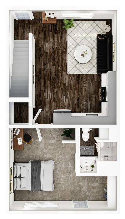 Modern 1-bedroom apartment floor plan showcasing an open-concept living area with stylish dark wood flooring, a cozy bedroom, and a sleek, contemporary kitchen.