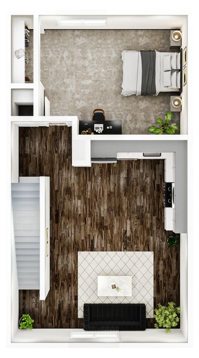 Elegant 3D floor plan showcasing a cozy bedroom with workspace, an inviting open-concept kitchen, and a chic living area with stylish flooring.