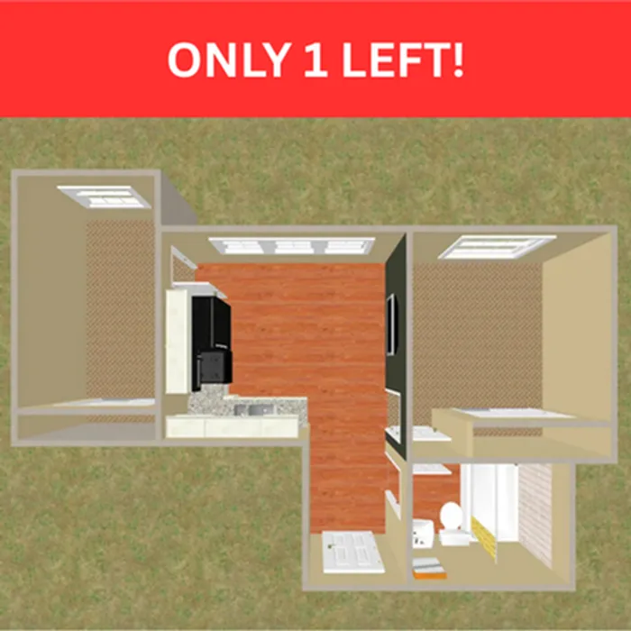 3D floor plan highlighting a modern 2-bedroom, 1-bathroom layout with a sleek kitchen and cozy living space, underlining 'Only 1 Left!' urgency.