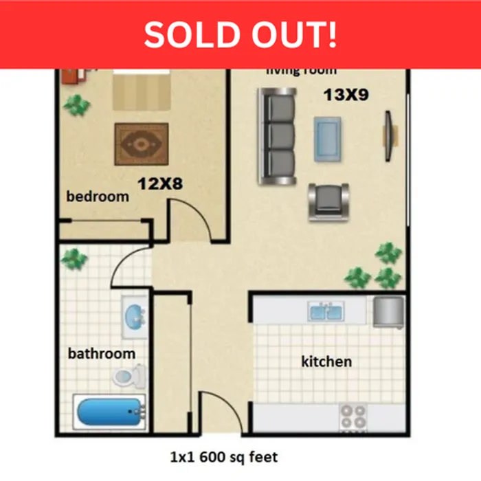 Chic 1-bedroom floor plan featuring an inviting living room and modern kitchen, perfectly designed within 600 sq ft.