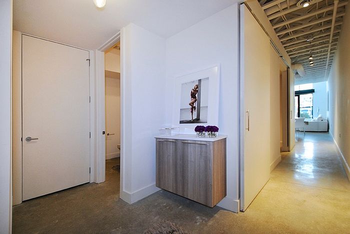 Chic modern apartment entryway featuring contemporary artwork, sleek cabinetry, and an inviting corridor leading to a sunlit living area.
