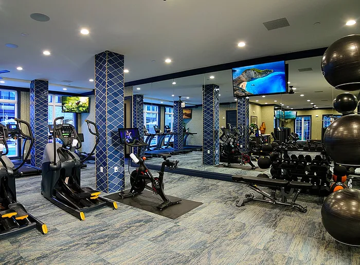 Modern fitness center with state-of-the-art equipment, mirrored walls, and ambient lighting for an invigorating workout experience.