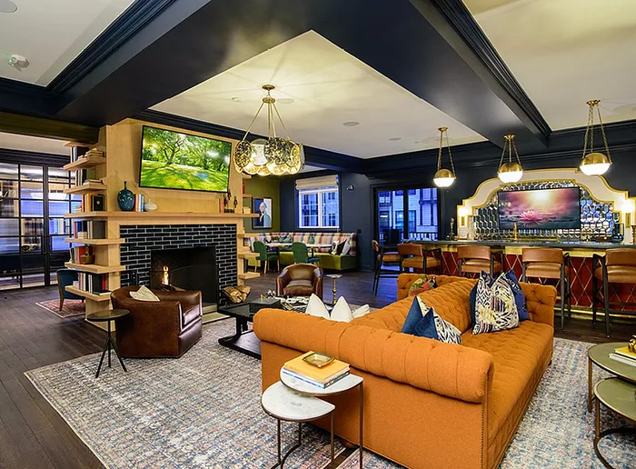 Elegant living area with a cozy fireplace, vibrant decor, and a chic bar setting perfect for entertaining.
