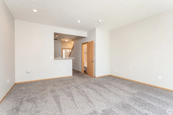 Bright and spacious living area with plush carpet, recessed lighting, and elegant light gray walls, offering a cozy and welcoming atmosphere.