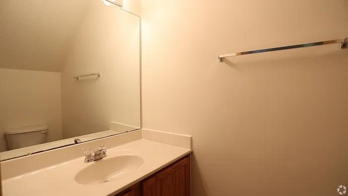 Bright, modern bathroom with sleek sink, large mirror, and elegant lighting.