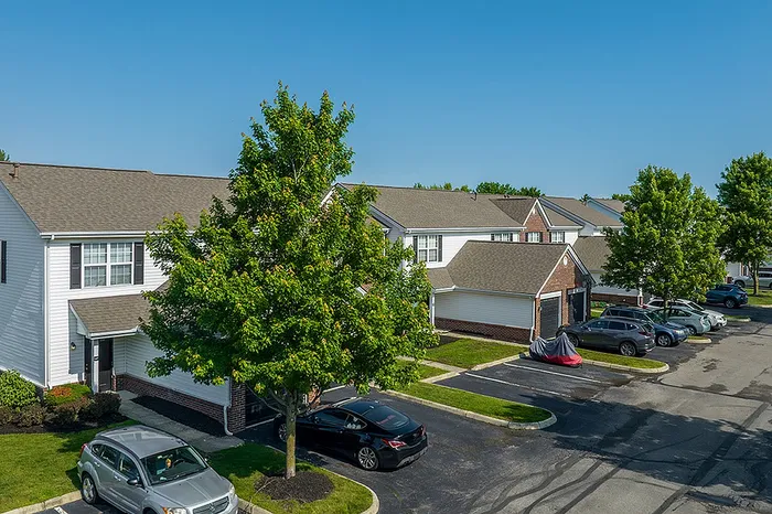 Charming suburban neighborhood featuring duplex homes with well-maintained lawns, ample parking, and lush greenery under a clear blue sky.