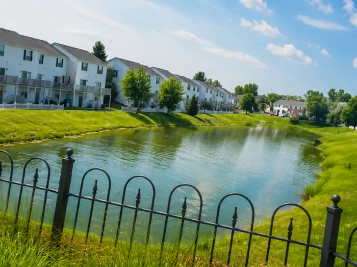 Charming waterfront townhouses with lush greenery and serene pond views, perfect for tranquil living.