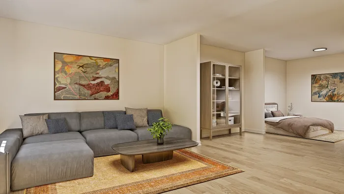 Elegant living room showcasing a cozy gray sectional sofa, stylish coffee table, and a vibrant painting, adjacent to a serene bedroom with modern decor.
