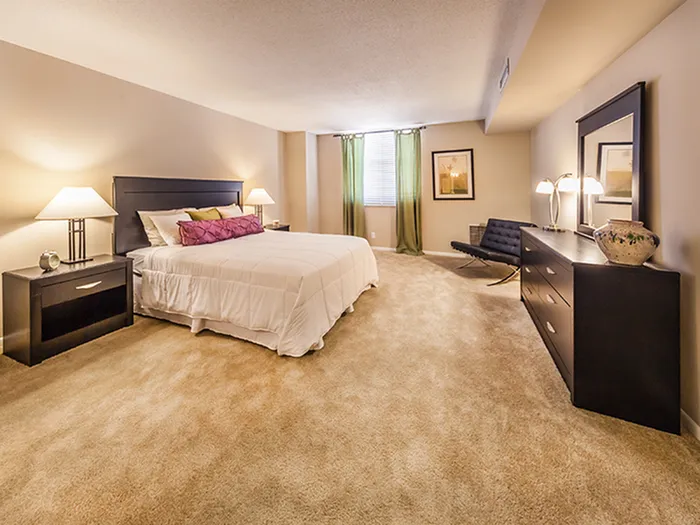 Elegant bedroom with plush carpeting, a luxurious king-sized bed, stylish modern furnishings, and soft ambient lighting.