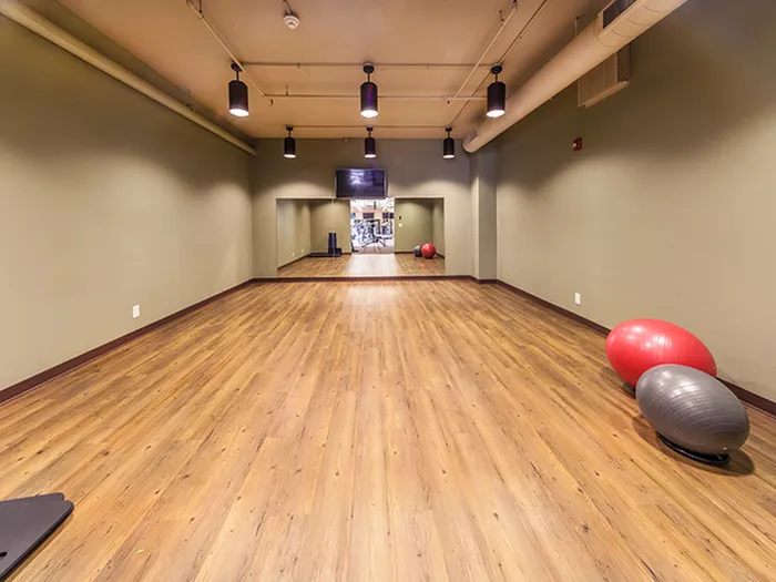 Modern yoga studio with wooden floors, exercise balls, and mirrors, offering a stylish and functional workout space.