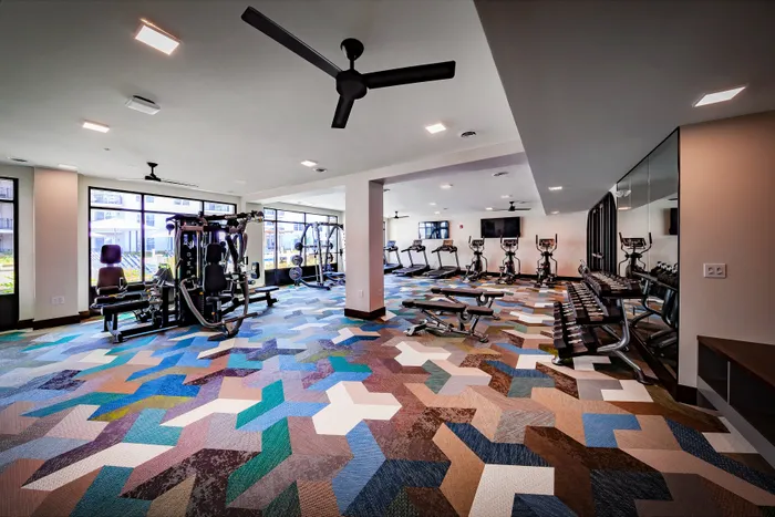 Elegant fitness center with vibrant geometric carpet, modern exercise machines, and large windows for ample natural light.