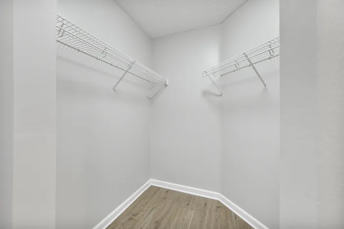 Bright and spacious walk-in closet featuring elegant light walls and two sturdy white wire shelves.