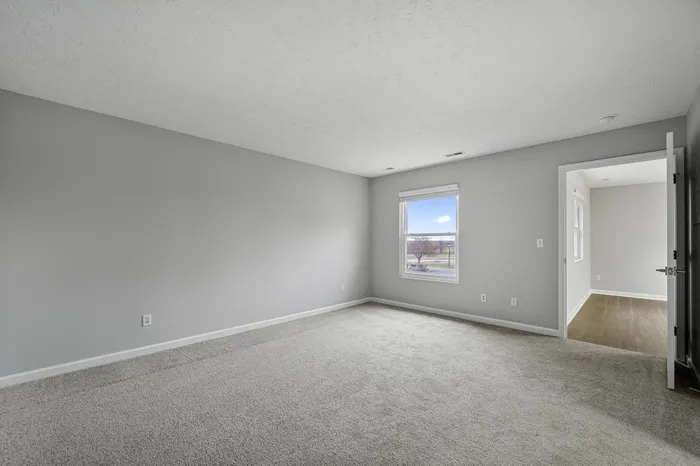 Bright, spacious bedroom with plush carpeting, abundant natural light, and neutral gray walls.