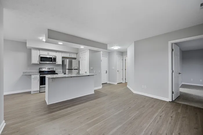 Modern open-concept kitchen and living area with sleek stainless steel appliances, light hardwood floors, and contemporary lighting, creating a bright and welcoming space.