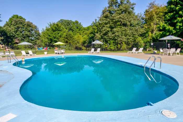 Inviting outdoor pool area with sun loungers and umbrellas, surrounded by lush greenery, perfect for relaxation.