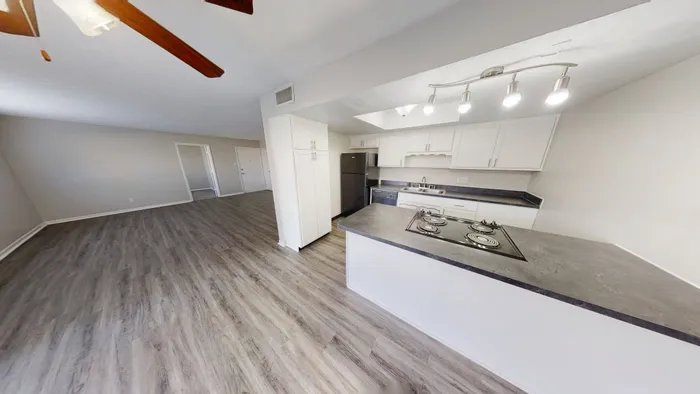 Contemporary open-plan kitchen and living area with sleek countertops, modern lighting, and elegant wood flooring.