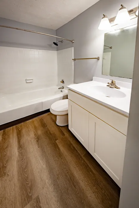 Elegant bathroom featuring a pristine white bathtub, chic vanity with a large mirror, and modern lighting with sophisticated hardwood flooring.