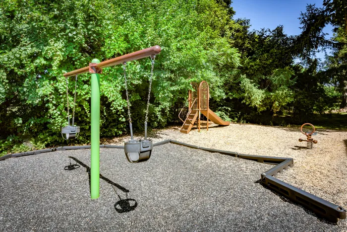 Outdoor playground with swings and slide surrounded by lush greenery.