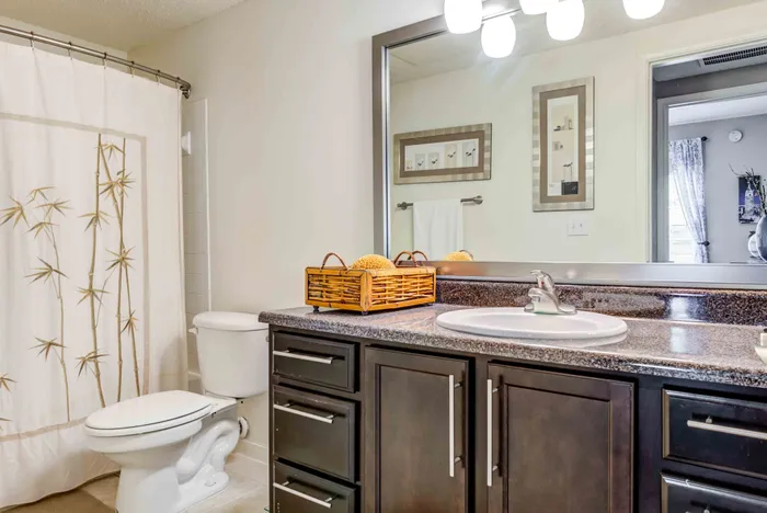 Bright and modern bathroom featuring a sleek granite countertop and elegant dark wood cabinetry.