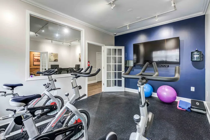Modern fitness room featuring exercise bikes, yoga balls, and a large wall-mounted TV, perfect for energizing workouts.