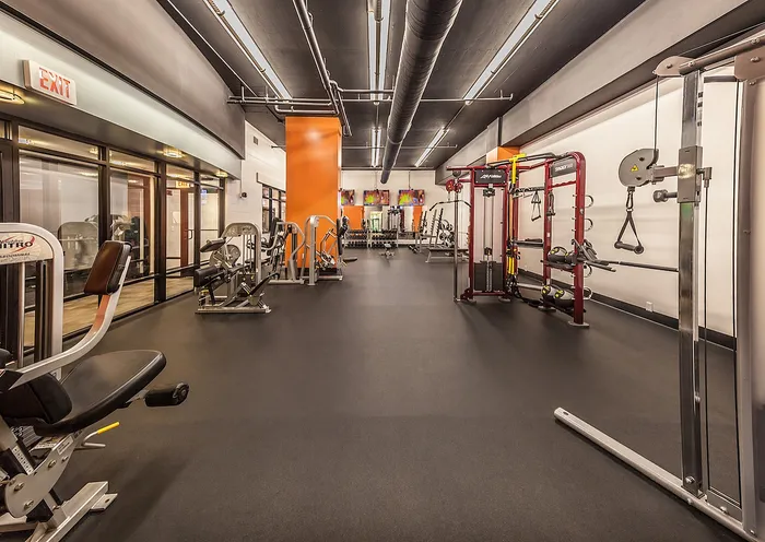 Modern apartment gym featuring high-quality fitness equipment and vibrant decor for a motivating workout experience.