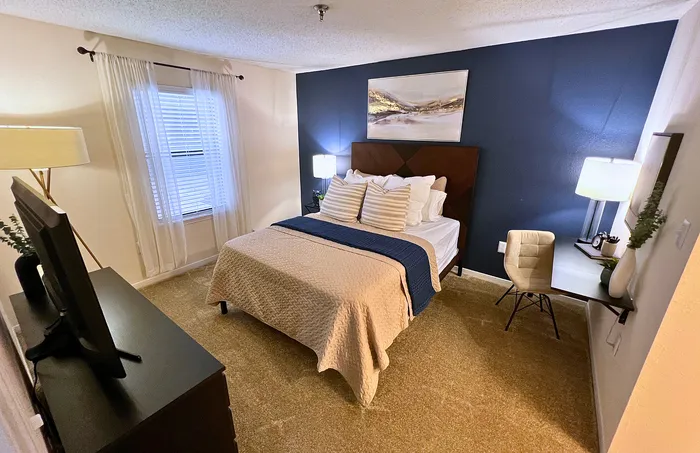 Cozy bedroom with a modern design.