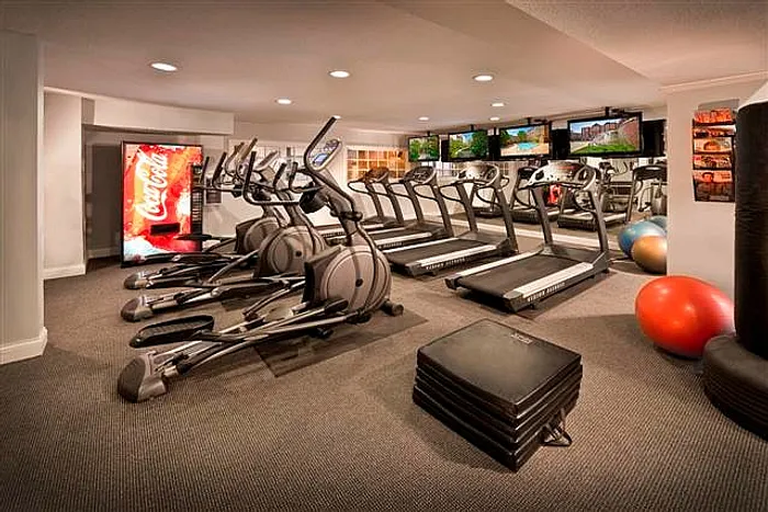 Inviting and well-equipped fitness center featuring modern treadmills, ellipticals, and colorful exercise balls, perfect for an energized workout.
