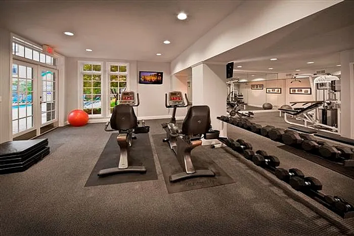 Elegant fitness center featuring modern exercise bikes, dumbbells, and panoramic windows for a refreshing workout ambiance.