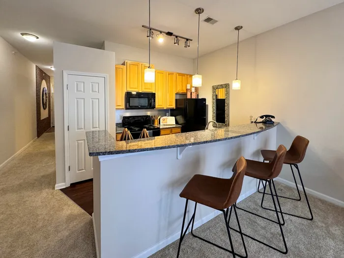 Modern kitchen with a stylish granite countertop and chic bar stools, warm wood cabinetry, and sleek appliances offering a welcoming atmosphere.