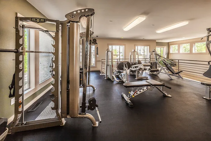 Bright and modern fitness center with state-of-the-art equipment and large windows for natural lighting.