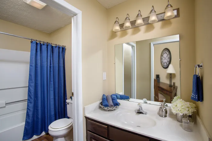 Elegant bathroom with stylish lighting, sleek vanity, and vibrant blue accents creating a cozy and inviting atmosphere.