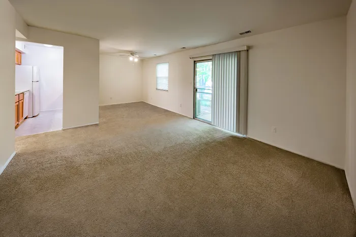 Spacious living room with plush carpeting, abundant natural light, and a sliding glass door to the patio, adjacent to a modern kitchen.