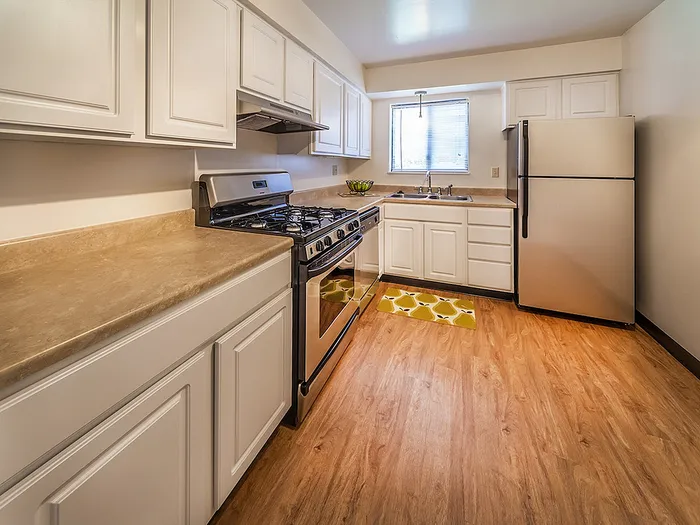 Bright and modern kitchen featuring sleek countertops, stainless steel appliances, and elegant cabinetry.