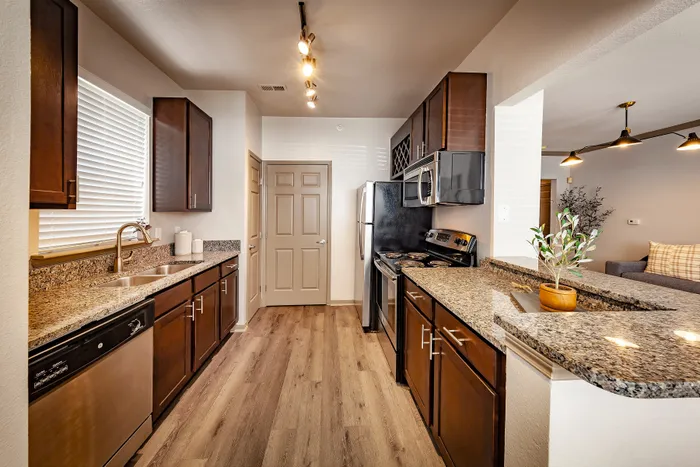 Modern kitchen with sleek granite countertops, stainless steel appliances, and dark wood cabinetry, opening into a cozy living space with stylish lighting.