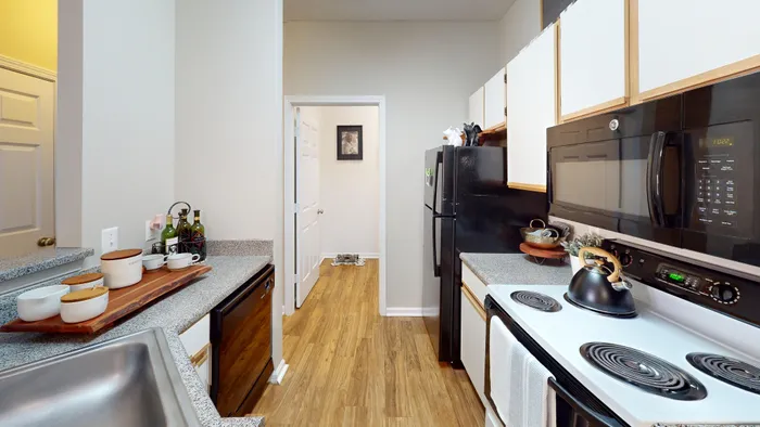 Modern kitchen with sleek appliances, granite countertops, and warm wood flooring, perfect for culinary adventures.