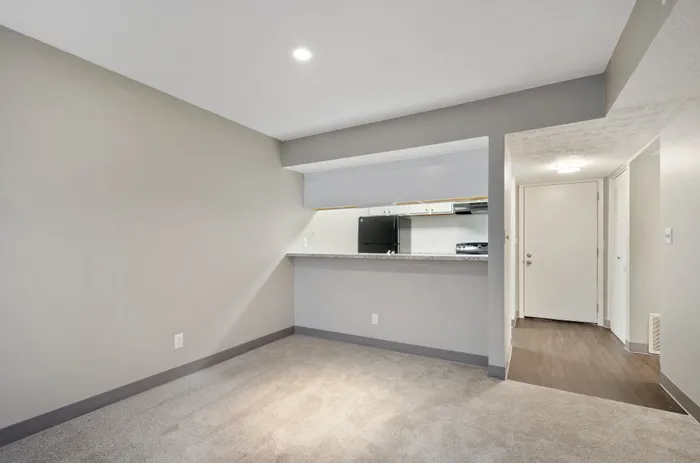 Inviting apartment interior with plush carpet, a sleek kitchen pass-through, and stylish lighting for a cozy ambiance.