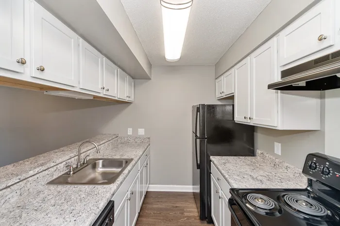 Modern kitchen with sleek granite countertops, white cabinetry, and stainless steel sink, offering a contemporary and functional design.