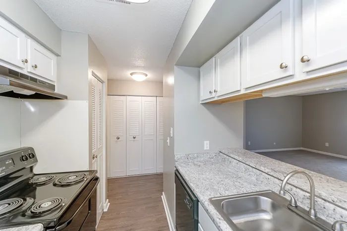 Contemporary kitchen with sleek granite countertops, modern appliances, and elegant cabinetry opening into a cozy living space.