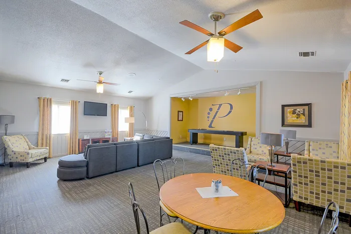 Inviting and spacious communal living area with modern furnishings, a cozy seating arrangement, and ambient lighting for a comfortable and stylish gathering space.