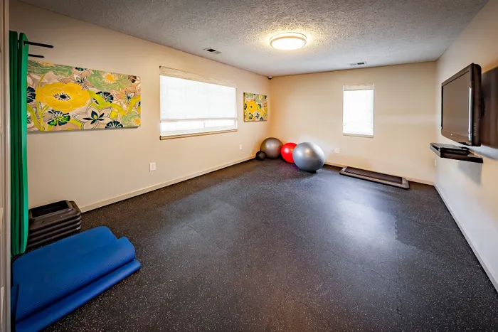 Bright and inviting home workout room featuring exercise mats, stability balls, vibrant floral art, and a wall-mounted TV.