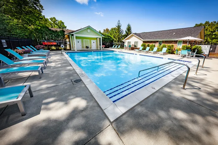 Inviting outdoor pool area with stylish loungers and vibrant greenery, perfect for relaxation and leisure.